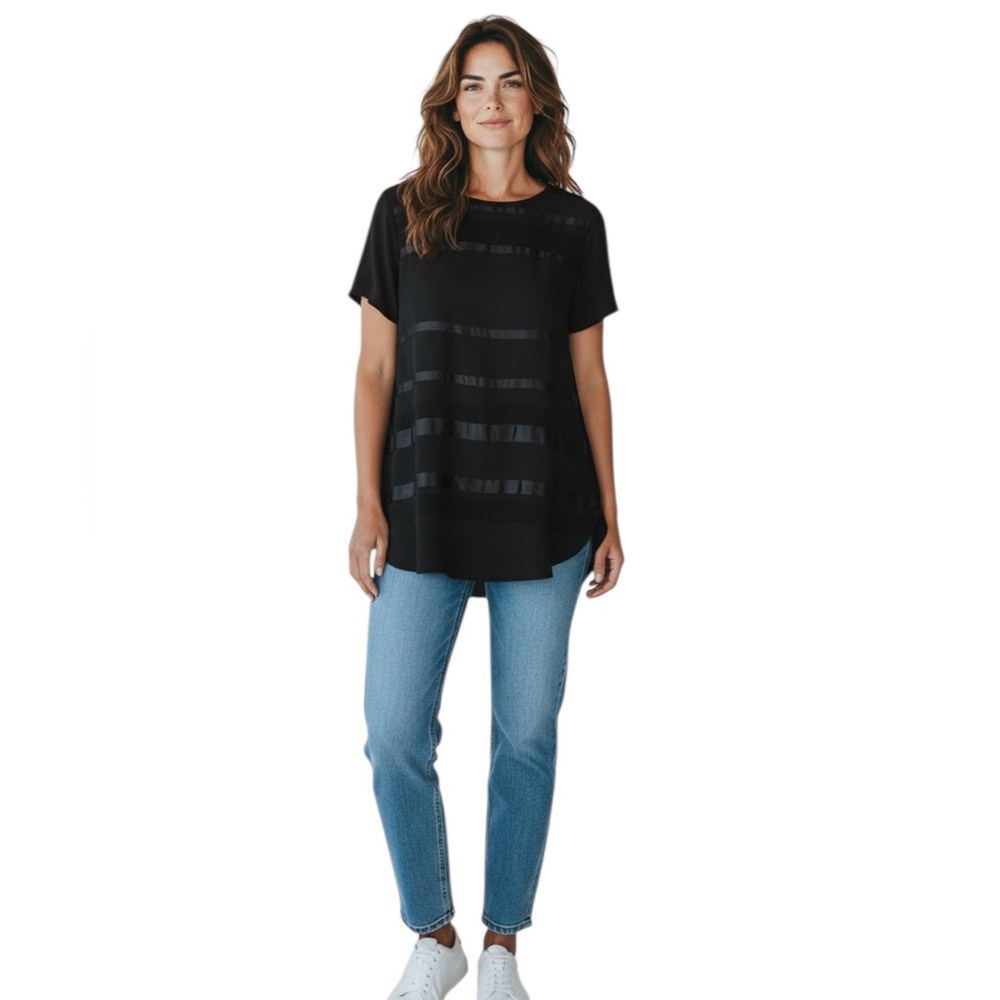 3.1 Phillip Lim Black Sheer Satin Striped Short Sleeve Goth Witchy Tunic Top